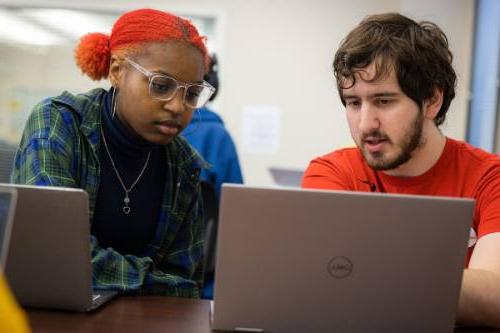 两个学生看着笔记本电脑，既专注又交流