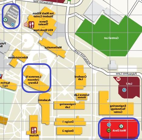 校园地图显示约翰逊图书馆和附近停车场的位置.