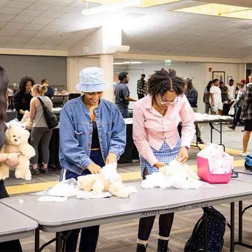 ksu students at the be true event stuffing teddy bears.